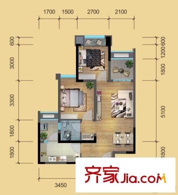 建發(fā)鷺洲國際二期一期2、3號樓標(biāo)準(zhǔn)層A3戶型 2室2廳1衛(wèi)1廚