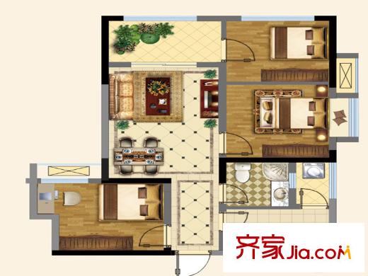 蜀都萬達廣場一期2、3、4、5棟標準層B1戶型圖 3室2廳1衛(wèi)1廚