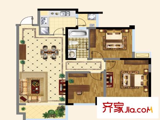 蜀都萬達廣場一期2、3、4、5棟標準層B3戶型圖 3室2廳1衛(wèi)1廚