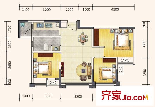 藍潤棠湖春天V客二期4、5號樓標準層C3戶型 3室2廳1衛(wèi)1廚