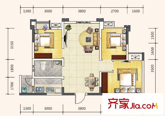 藍潤棠湖春天V客二期4、5號樓標準層E2戶型 3室2廳1衛(wèi)1廚