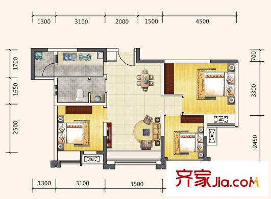 藍(lán)潤(rùn)棠湖春天V客二期4、5號(hào)樓標(biāo)準(zhǔn)層D2戶型 3室2廳1衛(wèi)1廚
