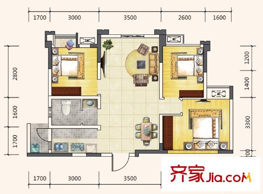 藍(lán)潤(rùn)棠湖春天V客二期4、5號(hào)樓標(biāo)準(zhǔn)層D3戶型 3室2廳1衛(wèi)1廚