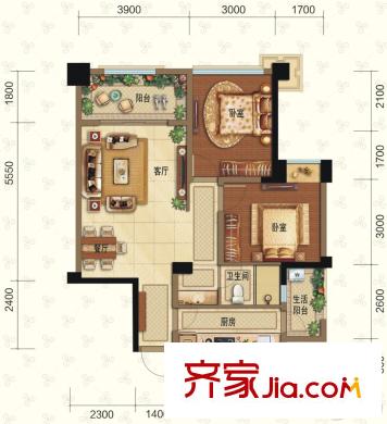 潮蓉金沙彥府1號樓標(biāo)準(zhǔn)層E戶型 2室2廳1衛(wèi)1廚