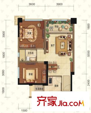 潮蓉金沙彥府1號樓標(biāo)準(zhǔn)層D戶型 2室2廳1衛(wèi)1廚