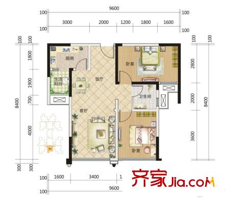 中成主角一期1棟1單元A1戶型 2室2廳1衛(wèi)1廚