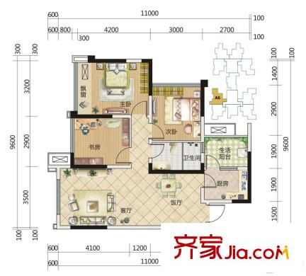 中成主角一期1棟1單元A6戶型 3室2廳1衛(wèi)1廚