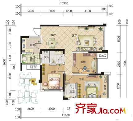 中成主角一期1棟2單元A4戶型 3室2廳2衛(wèi)1廚