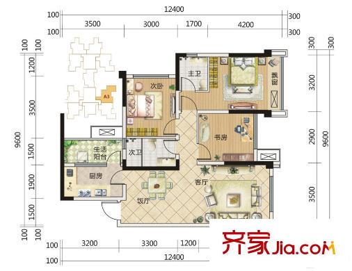 中成主角一期1棟1單元A3戶型 3室2廳2衛(wèi)1廚