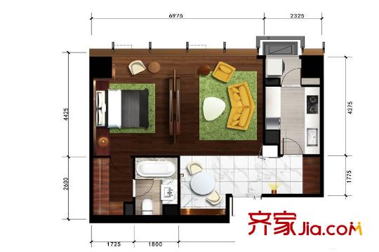 華僑鳳凰中國華商金融中心華商公館三號樓標(biāo)準(zhǔn)層B1戶型 1室1廳1衛(wèi)1廚