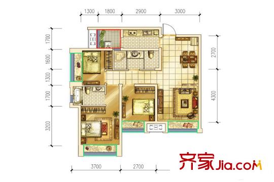 首创光和城一期6栋标准层b户型图 3室2厅2卫1厨