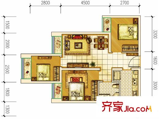 首創(chuàng)光和城一期1-7號樓標準層H型 3室2廳1衛(wèi)1廚