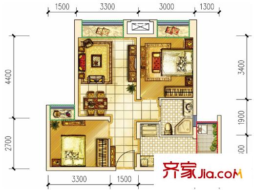 首創(chuàng)光和城一期1-5號樓標準層E型 2室2廳1衛(wèi)1廚