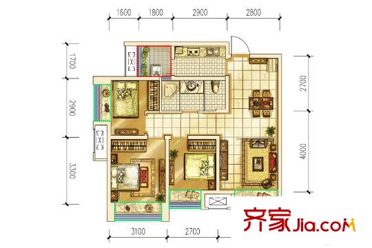 首創(chuàng)光和城二期2、3棟標準層C戶型圖 3室2廳1衛(wèi)1廚