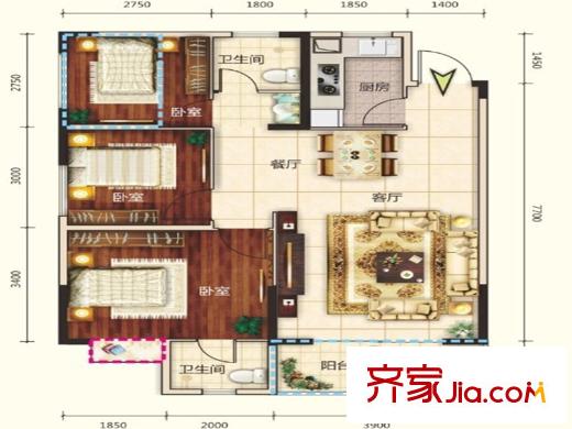 清鳳時代城7棟標準層D戶型 3室2廳2衛(wèi)1廚