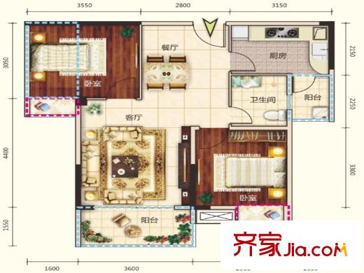 清鳳時代城7棟標準層B戶型 2室2廳1衛(wèi)1廚