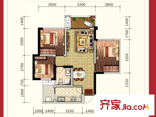 邦泰華府公館2、3、4、14號樓標準層A6戶型 3室2廳1衛(wèi)1廚