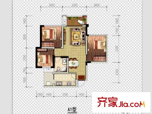 邦泰華府公館2、3、4、14號樓標準層A1戶型 3室2廳1衛(wèi)1廚