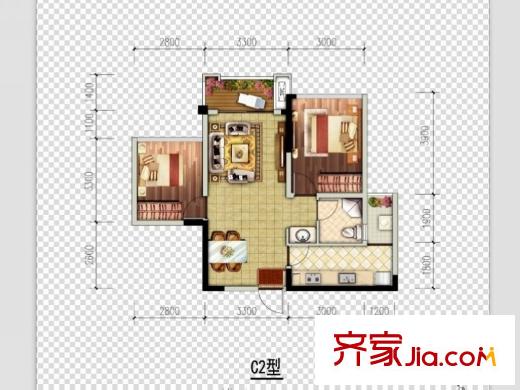 邦泰華府公館2、3、4、14號樓標準層C2戶型 2室2廳1衛(wèi)1廚