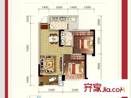 邦泰華府公館2、3、4、14號樓標準層A5戶型 2室2廳1衛(wèi)1廚