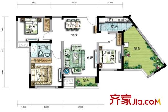 成都玩家2號樓標(biāo)準(zhǔn)層A2戶型 3室2廳1衛(wèi)1廚