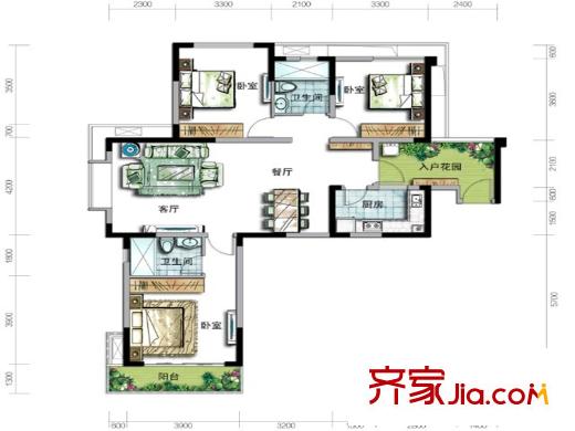 成都玩家1號(hào)樓標(biāo)準(zhǔn)層A3-1戶型 3室2廳2衛(wèi)1廚