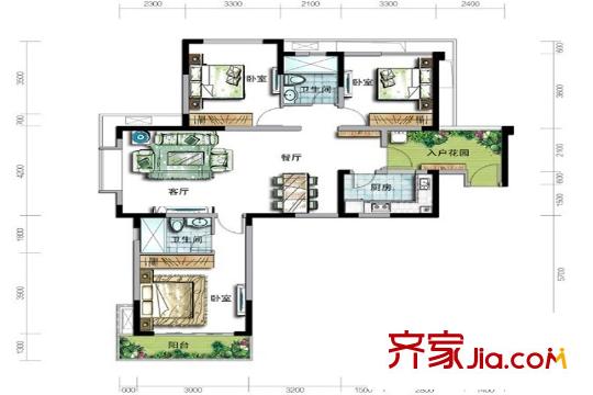 成都玩家2號(hào)樓標(biāo)準(zhǔn)層A3-1戶型 3室2廳2衛(wèi)1廚