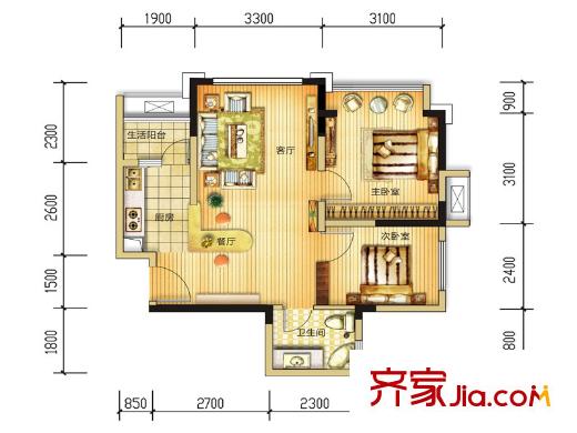 長(zhǎng)虹和悅府一期4號(hào)樓標(biāo)準(zhǔn)層A2戶型圖（售罄） 2室2廳1衛(wèi)