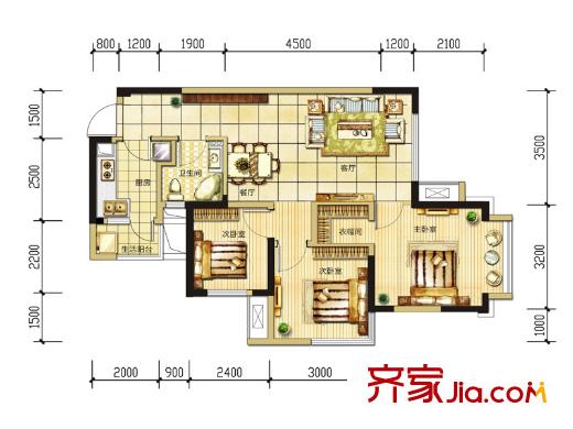 長(zhǎng)虹和悅府一期4號(hào)樓、2期8棟標(biāo)準(zhǔn)層B1戶型圖 3室2廳1衛(wèi)1廚