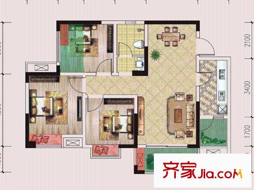 仁美大源印象一期2號樓標準層C6戶型 3室2廳1衛(wèi)1廚