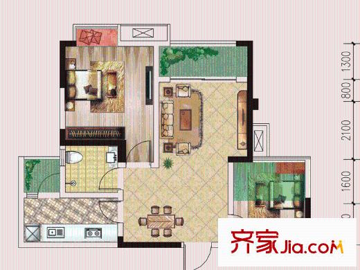 仁美大源印象一期2號樓標準層C4戶型 2室2廳1衛(wèi)