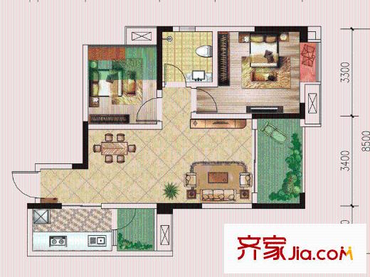 仁美大源印象一期2號樓標準層C3戶型 2室2廳1衛(wèi)1廚