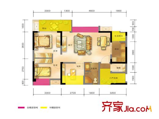 花樣年龍年國際中心二期19棟標(biāo)準(zhǔn)層B2戶型圖 3室2廳1衛(wèi)1廚
