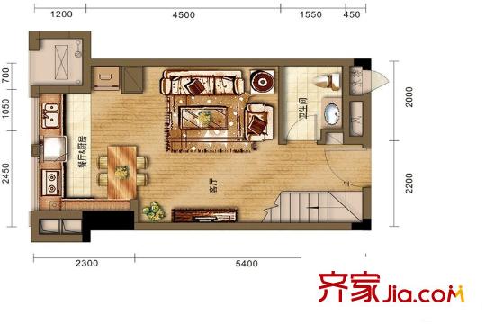 花樣年龍年國際中心7棟公寓B2型l躍層套二第一層 2室2廳2衛(wèi)1廚