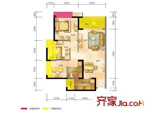 花樣年龍年國際中心二期19棟標準層B1戶型圖 3室2廳1衛(wèi)1廚