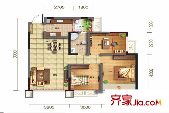 中加水岸11號(hào)樓標(biāo)準(zhǔn)層C1戶型 3室2廳1衛(wèi)1廚