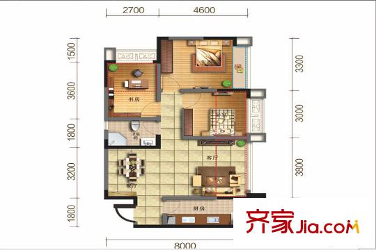 中加水岸11號(hào)樓標(biāo)準(zhǔn)層C2戶型 3室2廳1衛(wèi)1廚