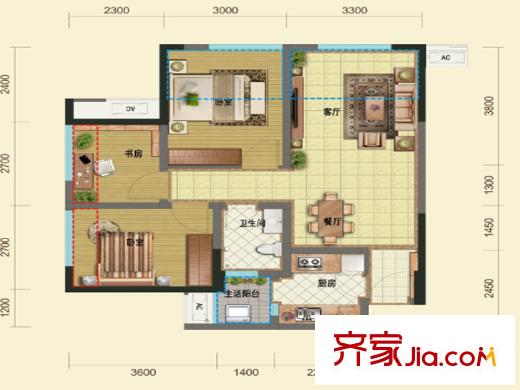 天合凱旋公館一期1、3、5號(hào)樓標(biāo)準(zhǔn)層A1戶型圖 3室2廳1衛(wèi)1廚