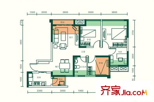 朗詩西溪里1號(hào)樓標(biāo)準(zhǔn)層A4戶型 4室2廳1衛(wèi)1廚
