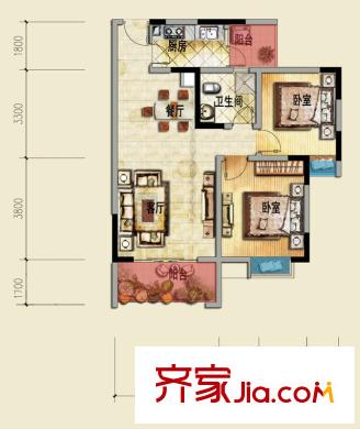 萊茵北郡一期17號(hào)樓E4戶(hù)型圖（售罄） 2室2廳1衛(wèi)1廚
