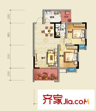萊茵北郡一期16號(hào)樓G4-2戶(hù)型圖（售罄） 2室2廳1衛(wèi)1廚