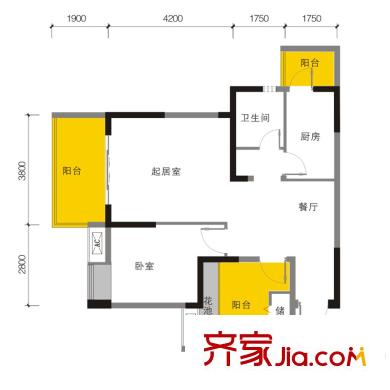 麥田國際社區(qū)二期3棟標準層N戶型（售罄） 1室2廳1衛(wèi)1廚