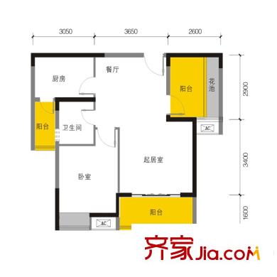 麥田國際社區(qū)二期1號樓標準層P''戶型圖（售罄） 1室2廳1衛(wèi)1廚