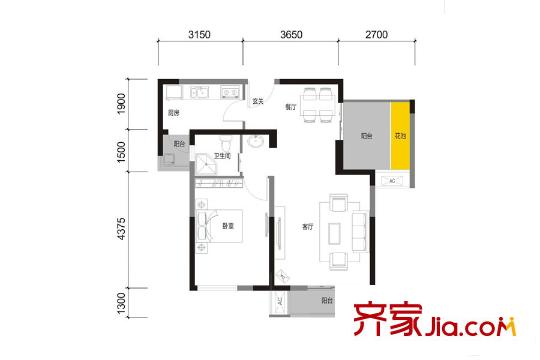 麥田國際社區(qū)2期8棟標準層P1戶型 1室2廳1衛(wèi)1廚