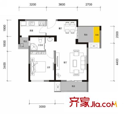 麥田國際社區(qū)二期3棟標準層P戶型（售罄） 1室2廳1衛(wèi)1廚