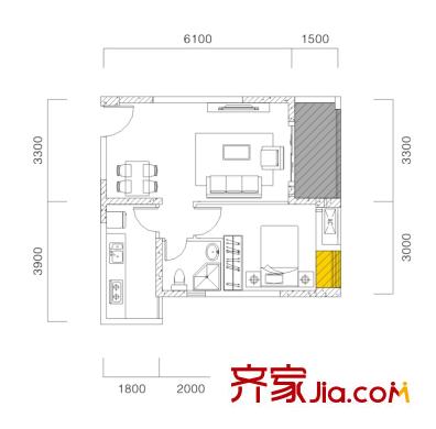 麥田國際社區(qū)一期一號樓P```戶型（售罄） 1室1廳1衛(wèi)1廚