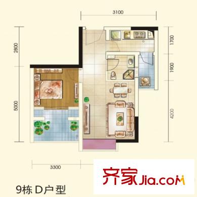 頤和京都3期9棟d戶型 1室2廳1衛(wèi)