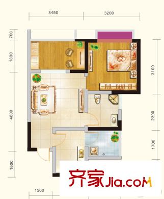 頤和京都4期3號(hào)樓標(biāo)準(zhǔn)層A1戶型 1室2廳1衛(wèi)1廚