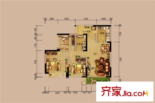 北新上錦一期3棟標準層C3戶型圖 3室2廳1衛(wèi)1廚