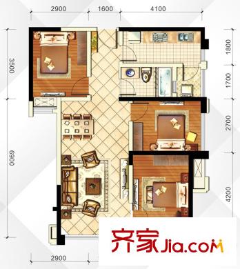 中鐵瑞景譽(yù)都3、4、5、18、22棟標(biāo)準(zhǔn)層C2戶型 3室2廳1衛(wèi)1廚